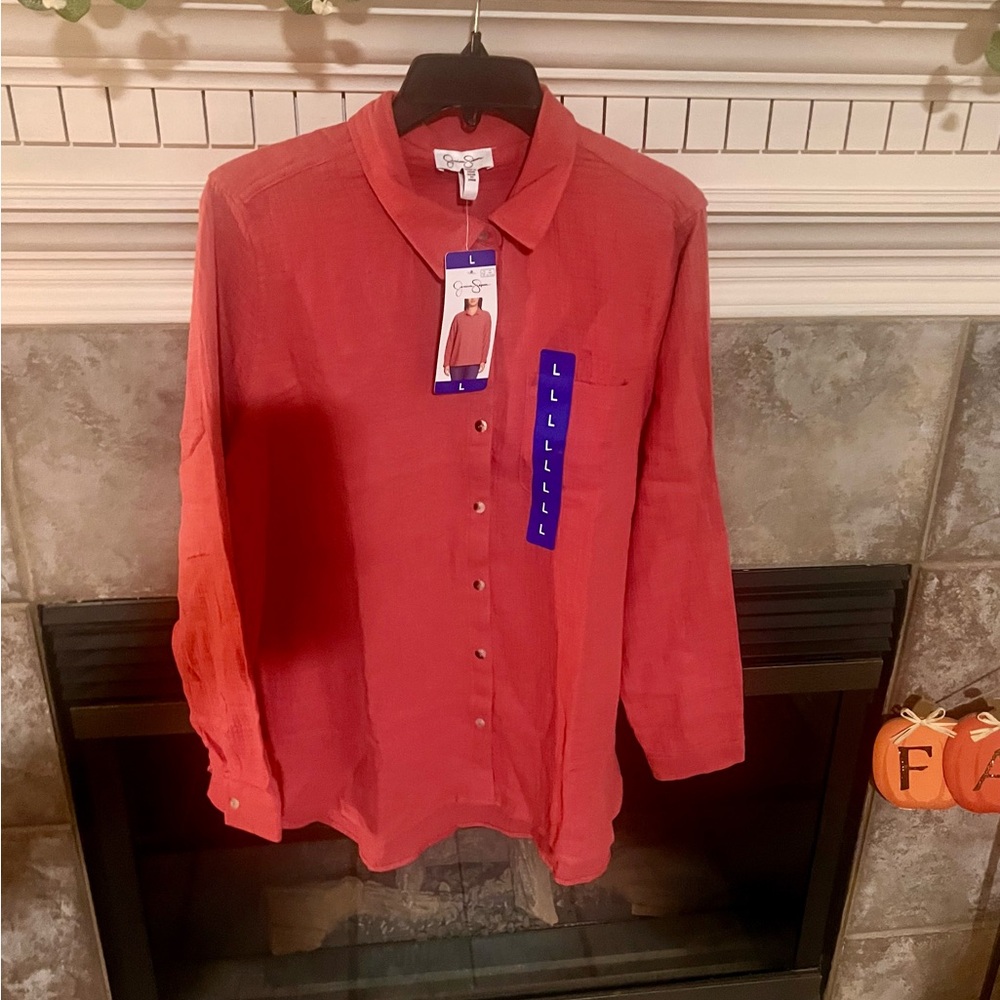 Jessica Simpson button down long sleeve blouse-off red color Large - Picture 3 of 7
